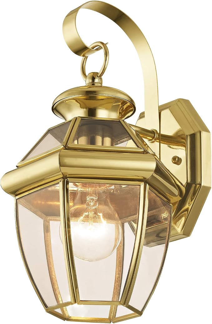 Livex Lighting 2051-02 Monterey 1-Light Wall Lantern, Polished Brass | Clear Beveled Glass; Solid brass construction