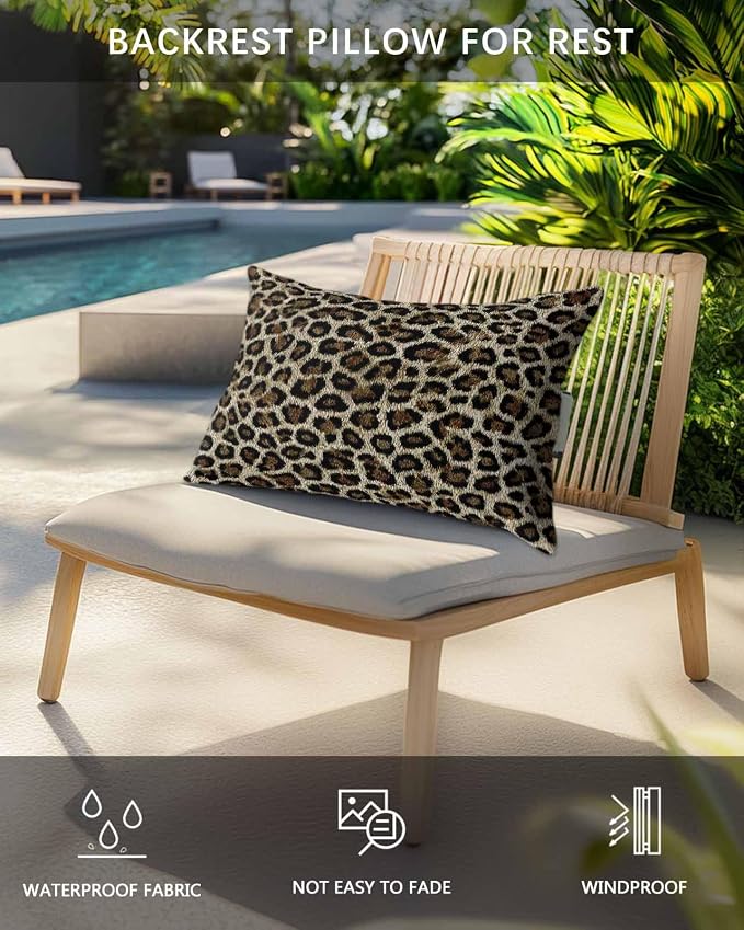 Pack of 2 Outdoor Lumbar Pillow Covers 12x20 Inch, Leopard Waterproof Throw Pillow Covers Set, Farmhouse Vintage Classic Brown Indoor&Outdoor Decorative Cushion Cases for Patio Porch Car