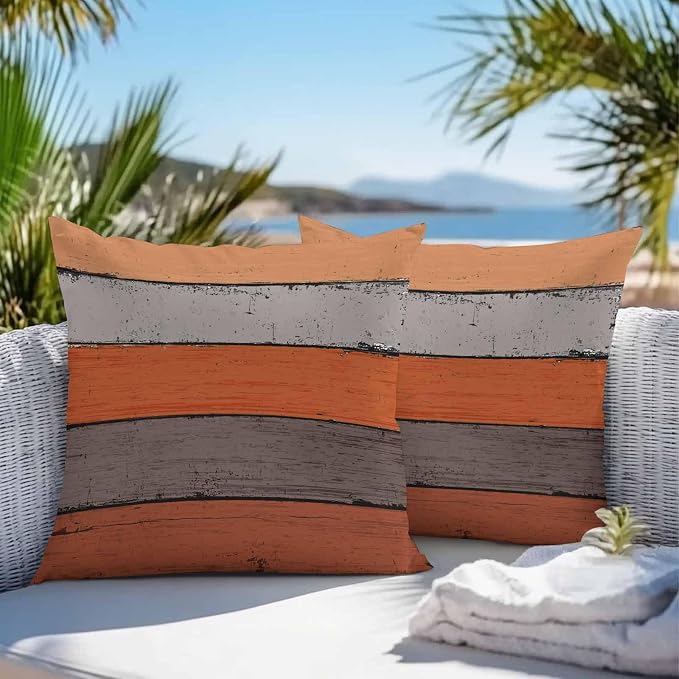 Outdoor Throw Pillow Covers 20X20 Set of 2 Waterproof Ombre Burnt Orange Gray Decorative Zippered Cushion Covers for Patio Furniture, Farmhouse Retro Rustic Barn Wood Texture Lumbar Pillowcases