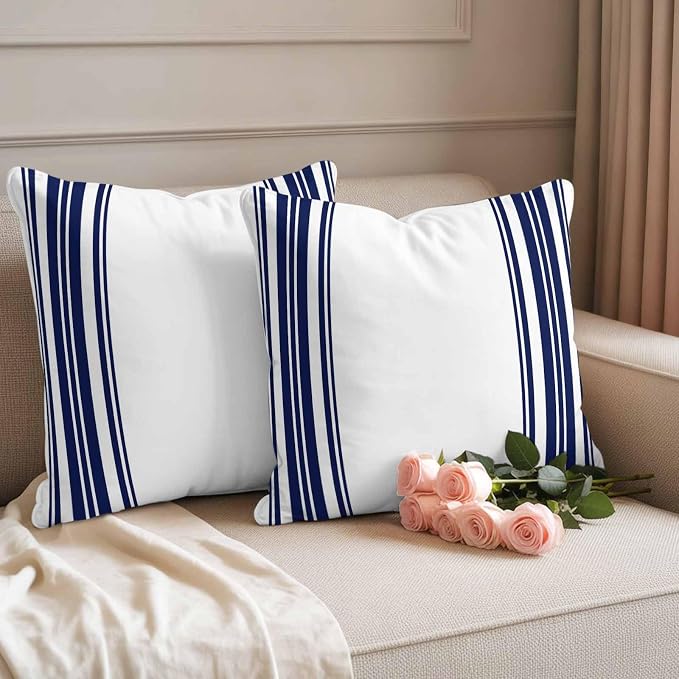 Outdoor Waterproof Throw Pillow Covers Set of 2 Navy Blue Stripes Pillowcases 20x20 Inches White Vertical Striped Decorative Pillows Cushion Case Patio Pillows for Couch Bed Chair Garden