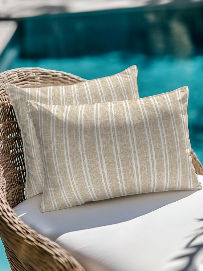 Waterproof Outdoor Pillow Set of 2 Beige Linen Striped Decorative Throw Pillows Cover & Insert 20x12 Inch Lumbar Pillowcase Vertical Stripes Lines Pillows for Couch Sofa Bed Patio Furniture