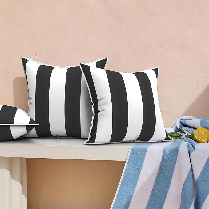 Outdoor Throw Pillows Inners, Fade Resistant Patio Furniture Square Pillows with Piping Set of 2 for Patio Furniture, 18x18 Inch, Cabana Black