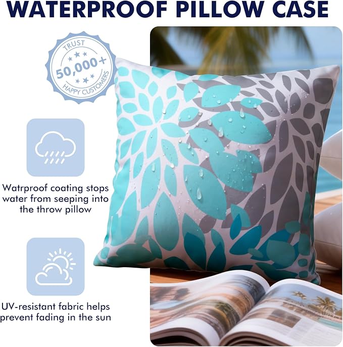 18x18 Waterproof Outdoor Pillows, Set of 2 Outdoor Throw Pillows | Patio Furniture Pillows, Fluffy Decorative Pillows, Waterproof &Fade Resistant, Removable & Washable, Blue Color