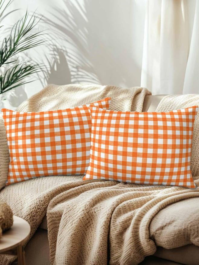 Outdoor Waterproof Throw Pillows Orange Buffalo Plaid Patio Pillows Pack of 2,Decorative Pillow Covers with Insert,Pillow Cushion Case for Garden Couch Sofa Classic Gingham Check Watercolor