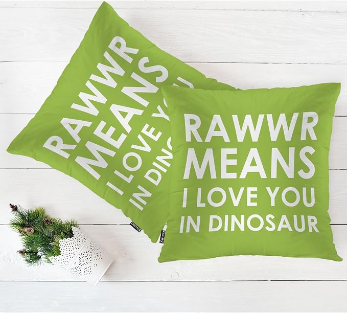 Swono Dinosaur Phrase Decorative Throw Pillows Covers, Rawwr Means I Love You in Dinosaur Square Pillow Cushion Covers for Man Woman, Pillowcases Decor for Home Sofa Bed Garden 2 Packs, 18x18 Inch