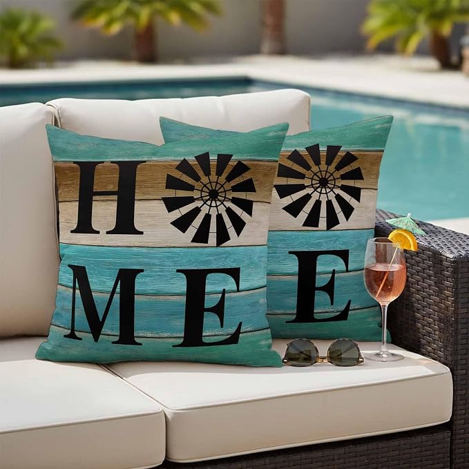 Outdoor Pillow Covers Set of 2, Home Farm Retro Wood Board Decorative Throw Pillow Covers 18X18IN, Teal Gradient Wooden Throw Pillows Protector Cushion Case for Patio,Couch,Sofa,Garden