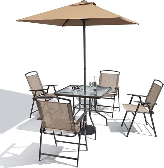 Crestlive Products 6 PCS Patio Dinning Set, 4 Folding Chairs, Square Tempered Glass Table and Umbrella Set, Outdoor All Weather Furniture for Lawn, Deck, Backyard, Garden (Khaki Chairs & Umbrella)
