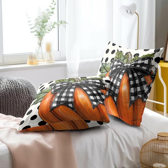 Rustic Fall Pillow Covers Set of 2, 18x18 Inch Vintage Plaid Pumpkin Polka Dots Design Farmhouse Square Throw Pillowcases Cotton Washable for Sofa Couch Porch Patio Bench Decor