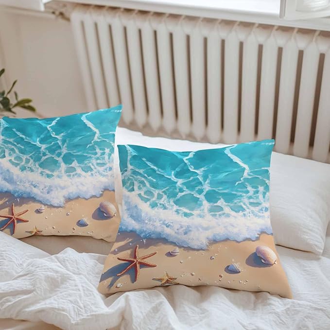 Ocean Beach Waterproof Outdoor Pillow Covers Set of 2 Home Decor, Coastal Nautical Starfish Shells Sea Waves Pillowcase Patio Pillow Covers for Couch Bench Furniture Garden 16x16in