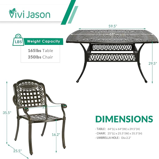 VIVIJASON 9-Piece Outdoor Dining Set, Cast Aluminum Retro Patio Furniture Table and Chairs Set for 8, Include Large 64" Square Dining Table and 8 Chairs with Umbrella Hole for Balcony Garden