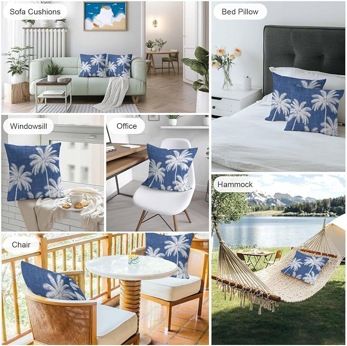 Outdoor Pillow Covers 16x16 Inch Set of 2, Navy Blue Palm Trees Waterproof Throw Pillow Covers, Farmhouse Tropical Summer Beach Decorative Cushion Pillowcases for Couch, Sofa, Bed, Garden, Patio