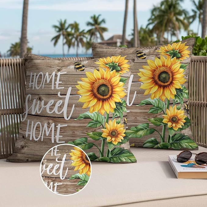 Throw Pillow Covers 26x26 Inch Set of 2, Sunflower Brown Waterproof Outdoor Pillow Covers, Farmhouse Bee Country Wooden Grain Decorative Cushion Pillowcases for Couch, Sofa, Bed, Garden, Patio
