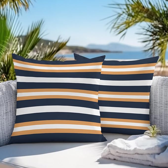 Orange Navy Blue Striped Outdoor Pillow Covers Waterproof, All Weather Cushion Case Set of 2, Minimalist Farmhouse Lines Decorative Pillowcases for Sofa Couch Bed Decor Patio Furniture 16"x16"