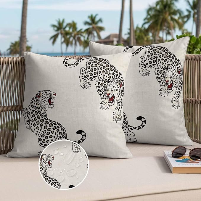 Yukro Beige Leopard Outdoor Waterproof Pillow Covers Pack of 2, Modern Style Wild Animal Rustic Linen Texture Throw Pillowcases Decorative Cushion Covers for Garden Patio Tent Sofa Couch, 16x16 inch