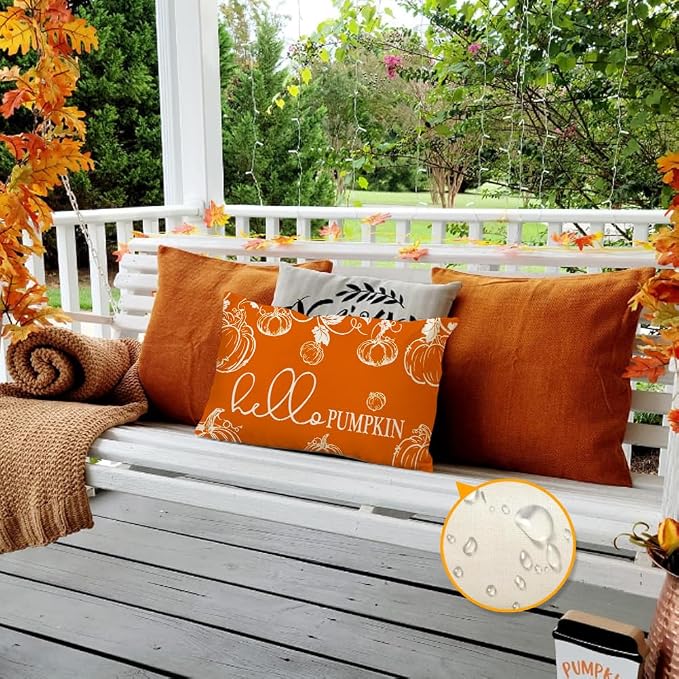 RABUSOFA Fall Pillow Covers 12x20 Inch Set of 2 Thanksgiving Autumn Orange Hello Pumpkin Maple Leaf Lumbar Harvest Outdoor Throw Cushion Cases Seasonal Fall Farmhouse Decorations for Home Couch Patio