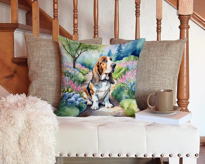 Caroline's Treasures Basset Hound Spring Garden Throw Pillow Machine Washable, Indoor Outdoor Decorative Pillow for Couch, Bed or Patio, 14Hx14W