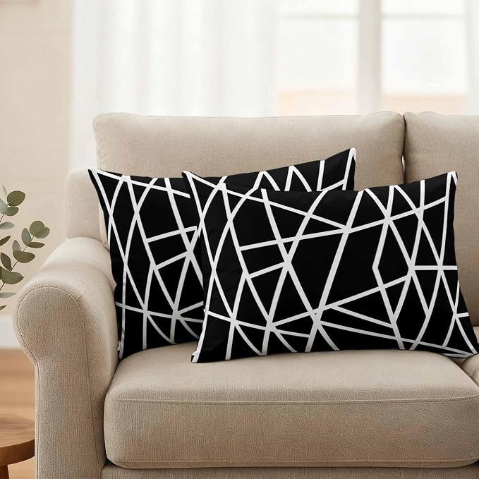 Outdoor Pillow Covers Waterproof, Black Geometric Decorative Rectangle Throw Pillowcases Patio Cushion Covers for Tent/Garden, 20" x 12" 2 Pack, Abstract Stripes Modern Simple
