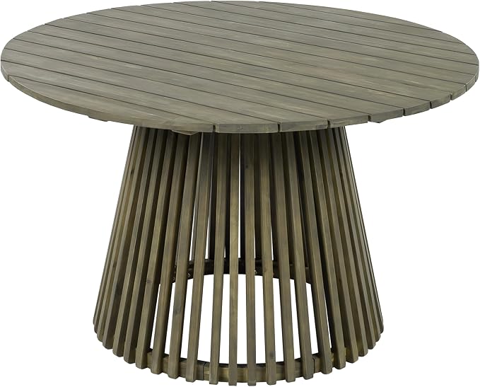 Christopher Knight Home Briar Farmhouse Acacia Wood Round Dining Table, Patio Dining Room Table with Unique Wooden Base for Backyard/Garden, Slatted Design Outdoor Dining Table, Light Teak