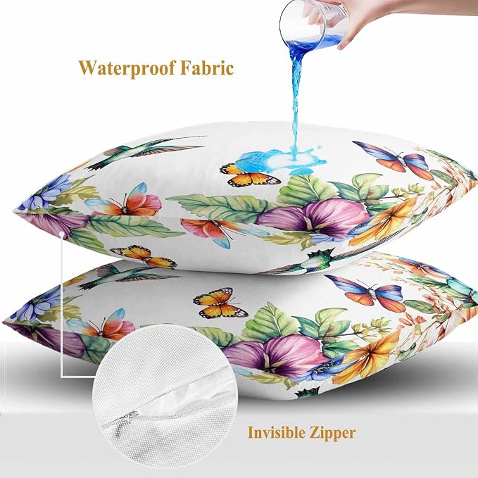 Spring Flowers Bird Outdoor Waterproof Throw Pillow Covers Set of 2, 20"x20", Hummingbird Butterfly Rustic Decorative Pillow Covers Outside Cushion Case for Patio Porch Garden