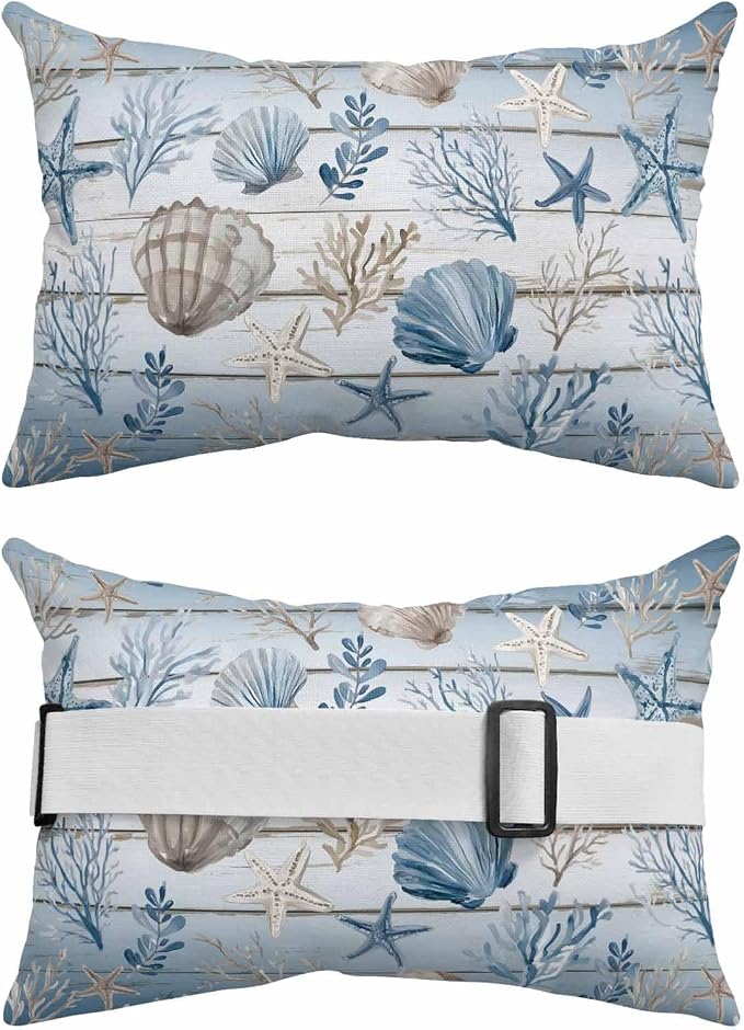 Blue Coastal Outdoor Pillows with Insert 12x20 Inch Summer Starfish Shell Coral Nautical Wood Grain Waterproof Headrest Pillows with Adjustable Strap Lounger Chair Throw for Patio Furnitures , 1 Pack