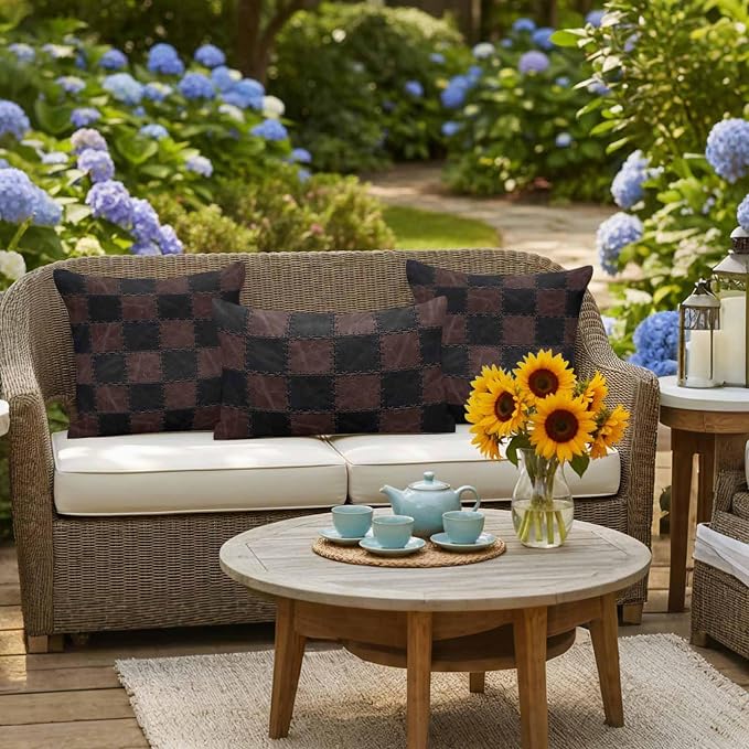 Black Brown Checkered Outdoor Pillow Covers 24x24 Inch Throw Pillow Covers Set of 2 Waterproof Decorative Pillow Cases Modern Farmhouse Plaid Wooden Cushion Covers for Patio Furniture Garden Couch