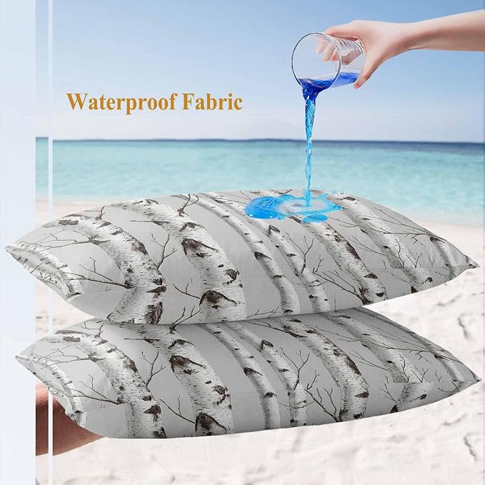 Nature Birch Trees Outdoor Waterproof Pillow Covers Pack of 2, Modern Gray Modern Tree Bark Texture Forest Throw Pillowcases Decorative Cushion Covers for Garden Patio Tent Sofa Couch, 20x12 inch