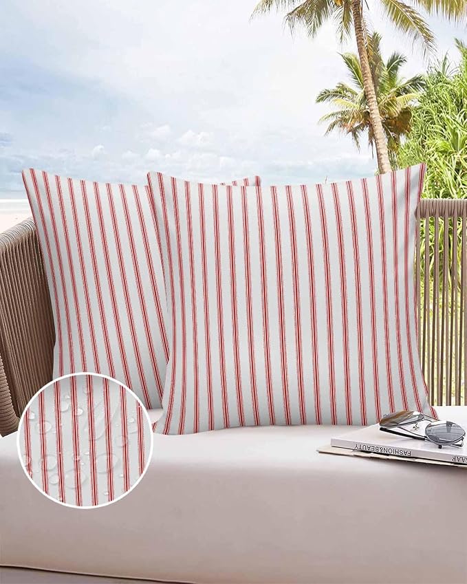 Outdoor Waterproof Throw Pillow Covers Set of 2 Red Stripes Pillowcases 16x16 Inches Red Beige Vertical Striped Patio Decorative Pillows Cushion Case Patio Pillows for Couch Bed Chair Garden