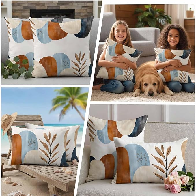 Bohemian Nordic Outdoor Waterproof Throw Pillow Covers Set of 2, 16"x16", Simple Colorful Abstract Leaves Decorative Pillow Covers Outside Cushion Case for Patio Porch Garden