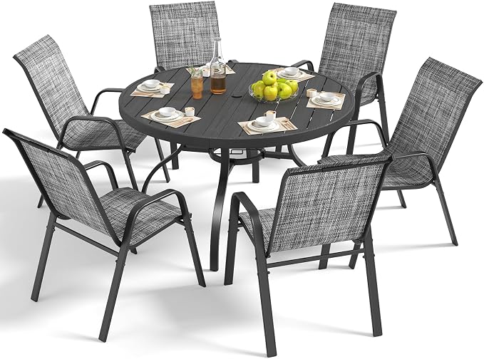 Outdoor Patio Dining Set for 6, 7 Pieces Patio Table and Chairs Set with Umbrella Hole, 47"x 47" Round Metal Wood-Grain Dining Table Set with 6 Stackable Patio Chairs for Deck , Backyard, Porch