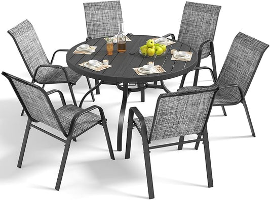 Outdoor Patio Dining Set for 6, 7 Pieces Patio Table and Chairs Set with Umbrella Hole, 47"x 47" Round Metal Wood-Grain Dining Table Set with 6 Stackable Patio Chairs for Deck , Backyard, Porch