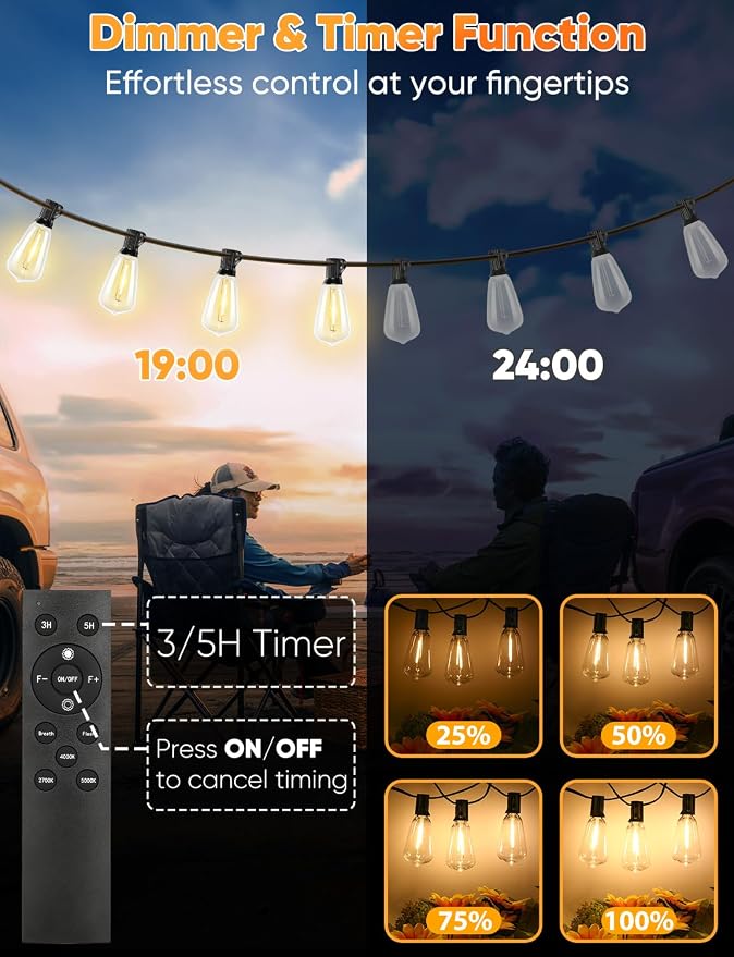 60FT Outdoor String Lights with Remote, 3 Color in 1 LED String Lights for Outside with 19 Shatterproof ST38 LED Bulbs, 3 Modes 2 Timer Outside Lighting for Patio, Deck, 2700K/4000K/5000K