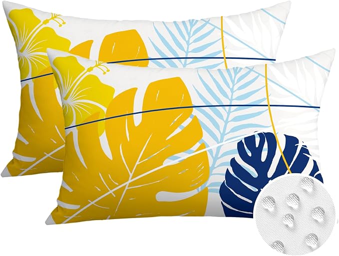 OTOSTAR Outdoor Waterproof Throw Pillow Covers 12x20 Inch Set of 2 Double-Sided Yellow Blue Tropical Leaf and Flower Spring Summer Decorative Pillow Cases for Patio Funiture Garden Tent Balcony Couch