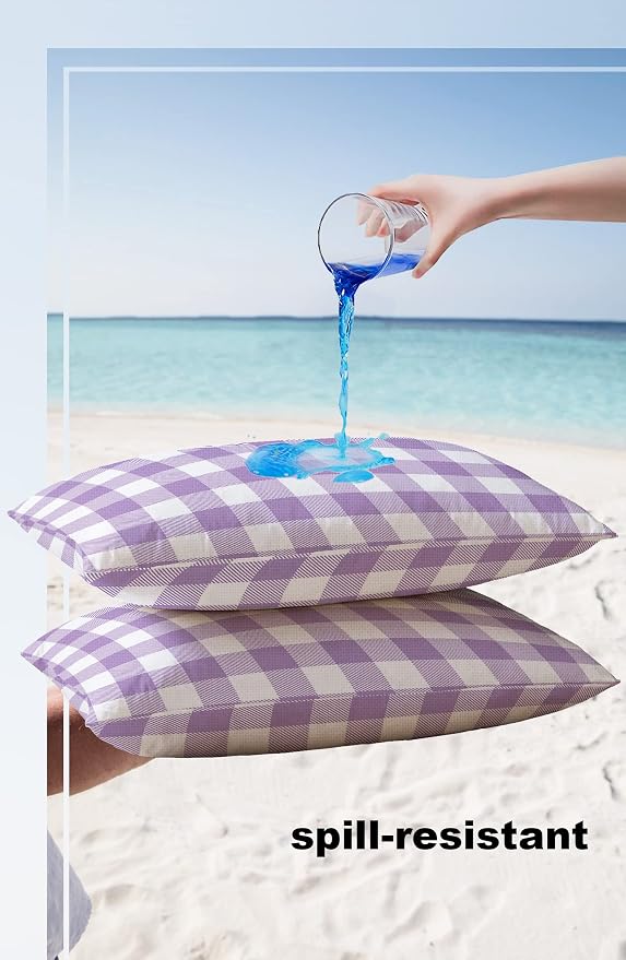 Outdoor Waterproof Throw Pillow Covers Set of 2 Purple Buffalo Check Plaid Lumbar Pillowcases 20x12 Inches Farmhouse Style Patio Decorative Pillows Cushion Case Patio Pillows for Couch Bed Garden