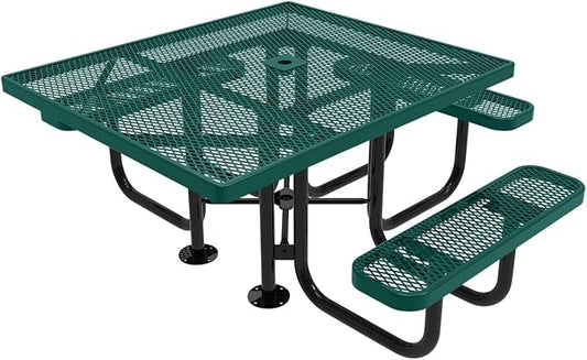 COATEDOUTDOORFURNITURE Heavy-Duty Portable ADA-Compliant Outdoor Picnic Table with Umbrella Hole, Expanded Metal Patio Dining Furniture Made in America (46" Square Top, Textured Dark Green)
