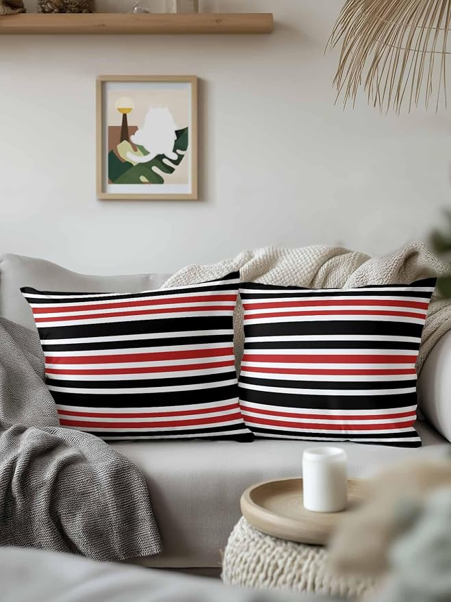 Outdoor Waterproof Throw Pillows Black Red Contrast Monochromatic Tones Patio Pillows,Decorative Pillow Covers with Insert,Pillow Cushion Case for Garden Couch Sofa Geometric Line