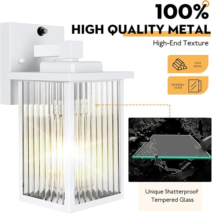 2 Pack White Dusk to Dawn Outdoor Wall Light, Porch Light | Auto On/Off, Rust-Resistant Metal Frame, Tempered Glass, Easy DIY Install on Porch, Garage