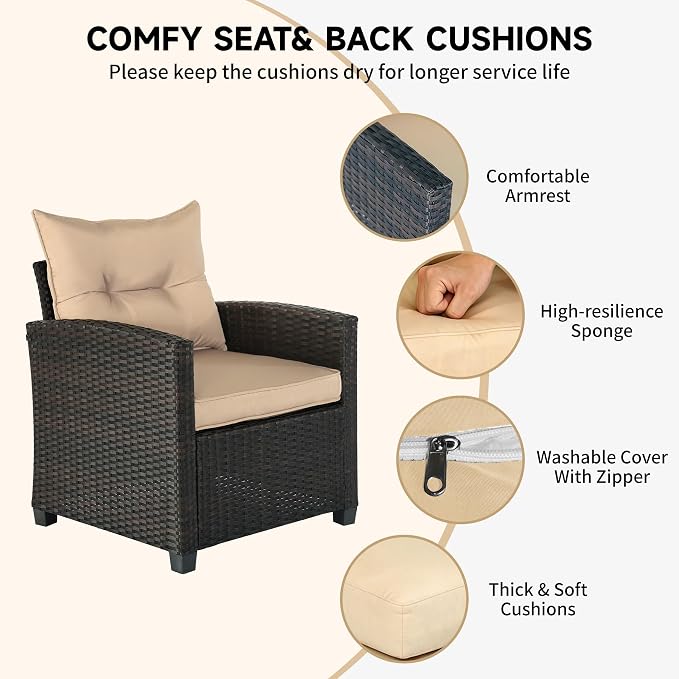 SHGJ&SOFT 3 Pieces Patio Furniture Set, Outdoor Conversation Set with Cushions, PE Rattan Wicker Bistro Set and Tempered Glass Tabletop, Outdoor Rattan Sofa for Poolside,Porch,Balcony (Beige)