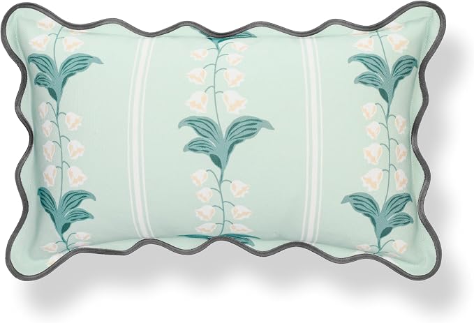 Hofdeco Premium Coastal Hampton Patio Indoor Outdoor Lumbar Pillow Cover Only, 12"x20" Water Repellent for Backyard, Couch, Poolside, Pale Forest Green Print Watercolor Striped Lily of the Valley