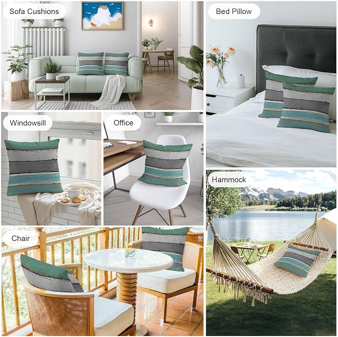 Outdoor Throw Pillow Covers 16X16 Set of 2 Waterproof Teal Green Gray Sea Decorative Zippered Cushion Covers for Patio Furniture, Farmhouse Retro Rustic Barn Wood Texture Lumbar Pillowcases