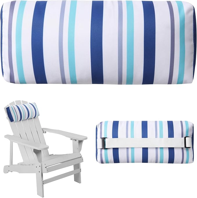 Headrest Pillow for Patio Chaise Lounge Chair, Outdoor Chaise Pillows with Adjustable Elastic Stripe Head Resting Pillows for Recliner Office Chair, Blue White Stripe 1 Pack