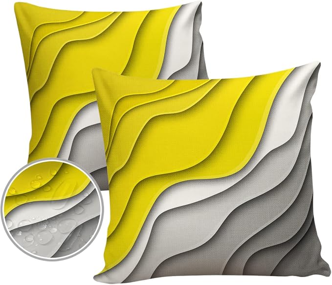 Modern Geometric Outdoor Waterproof Pillow Covers for Patio Furniture Yellow Decorative Throw Pillow Cover Abstract Beach Pillowcases Set of 2 Cushion Case for Sofa Couch Chair Home Decor 16 x 16 Inch