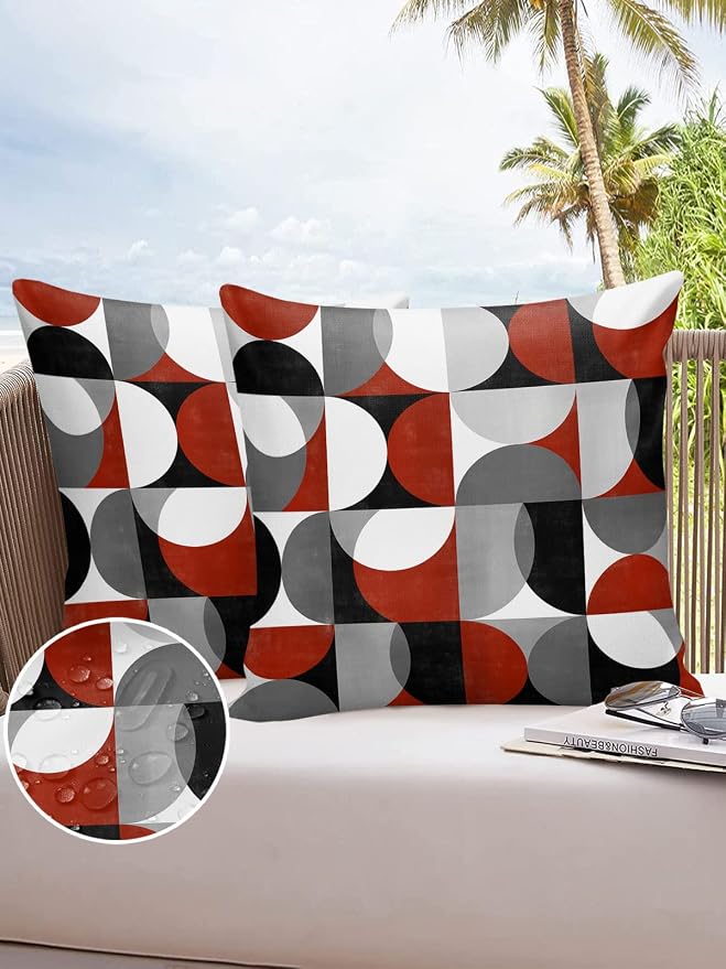 Vandarllin Outdoor Throw Pillows Covers 26x26 inch Set of 2 Waterproof Mid Century Geometric Decorative Zippered Cushion Covers for Patio Furniture, Abstract Modern Red Lumbar Pillowcases