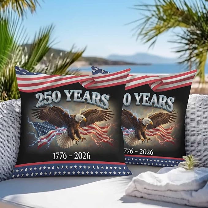 250th Anniversary USA Outdoor Waterproof Throw Pillow Covers 26x26 Set of 2, Independence Day Eagle Flag Decorative Pillowcases Cushion Pillowcase for Couch Sofa Patio Outside Pillow Protector