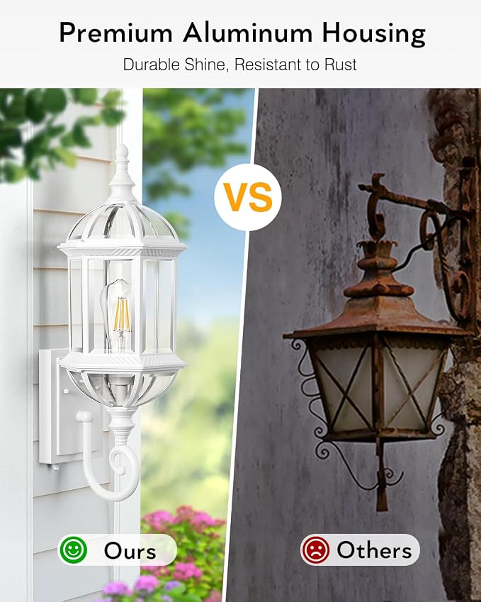 VIANIS Dusk to Dawn Porch Lights Outdoor, Classic White Outdoor Wall Lights, Anti-Rust Outside Lights for House with Tempered Beveled Glass, Waterproof Exterior Lighting Fixtures for House, Entryway