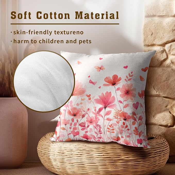 Floral Throw Pillow Covers 20x20 Inch – Pack of 2 Pink Flowers Leaves and Butterfly Pattern Spring Cotton Pillowcases for Couch Sofa Chair Bed Porch Wedding Party Home Decor