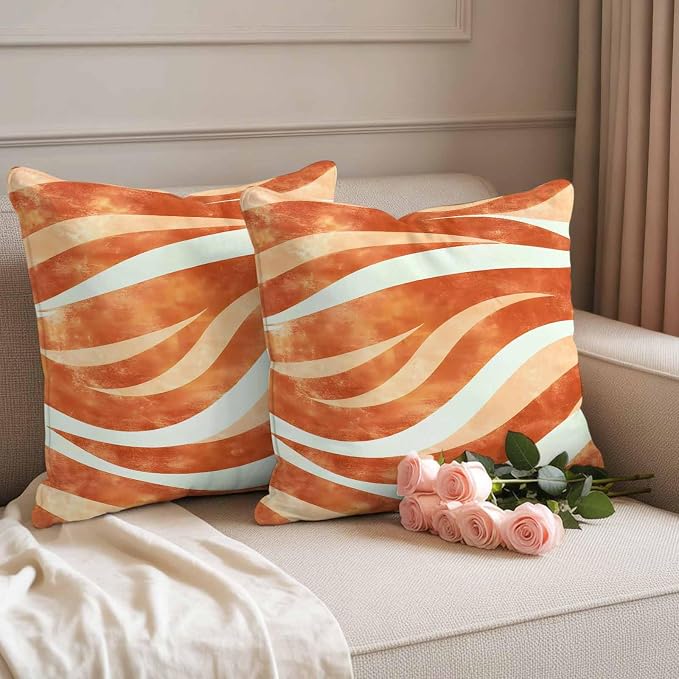 Burnt Orange Waves Waterproof Outdoor Pillow Covers Set of 2 Home Decor, Ombre Sea Ripples Shabby Beach Pillowcase Patio Pillow Covers for Couch Bench Furniture Garden 26x26in