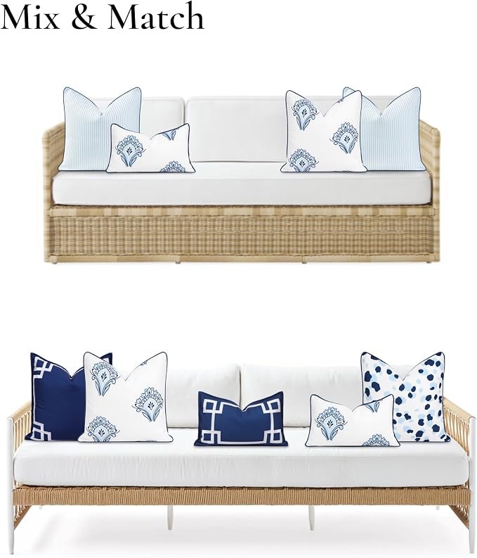 Hofdeco Premium Coastal Patio Indoor Outdoor Lumbar Pillow Cover Only, 12"x20" Water Repellent for Backyard, Couch, Navy Blue Floral with Piping