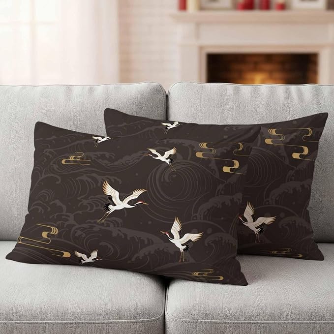Japanese Style Outdoor Pillow Covers 20x12 Inch Lumbar Pillow Covers Set of 2 Waterproof Decorative Throw Pillow Cases Vintage Cranes Ocean Wave Black Grey Cushion Covers for Patio Furniture Garden