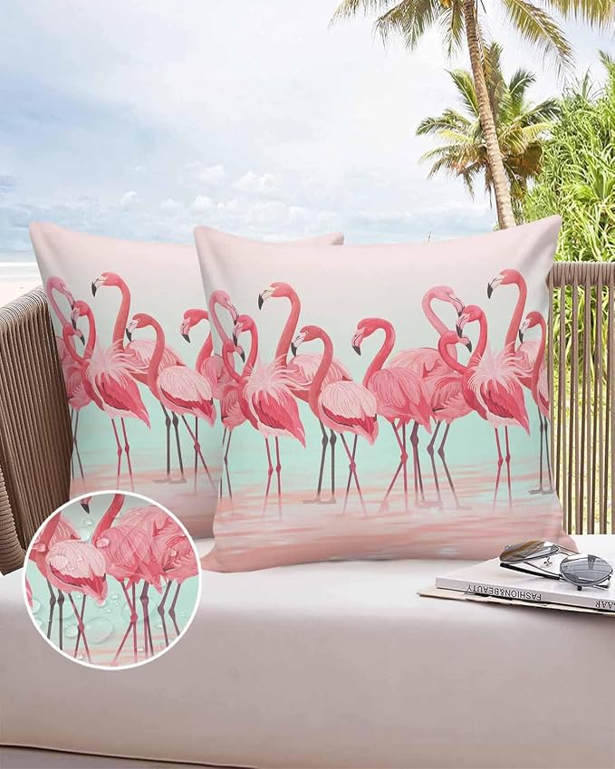 Outdoor Waterproof Throw Pillow Covers Set of 2 Pink Flamingo Pillowcases 20x20 Inches Tropical Animal Ombre Teal Patio Decorative Pillows Cushion Case Patio Pillows for Couch Bed Chair Garden