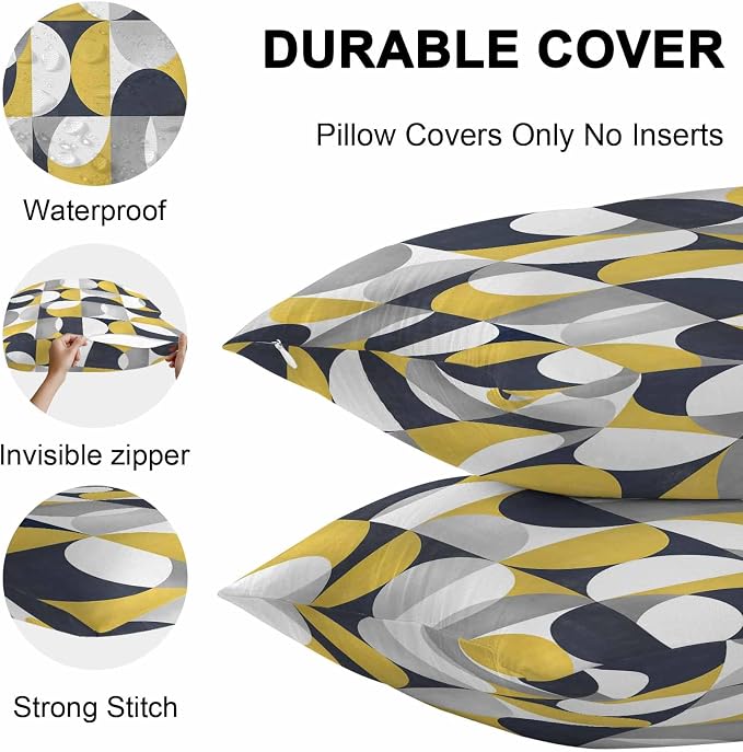 Vandarllin Outdoor Throw Pillows Covers 24x24 inch Set of 2 Waterproof Mid Century Geometric Decorative Zippered Cushion Covers for Patio Furniture, Abstract Modern Yellow Lumbar Pillowcases
